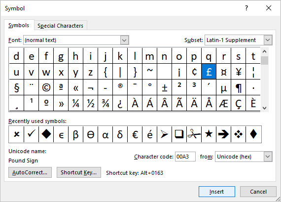 Insert pound symbol in Word using the Insert Symbol command.