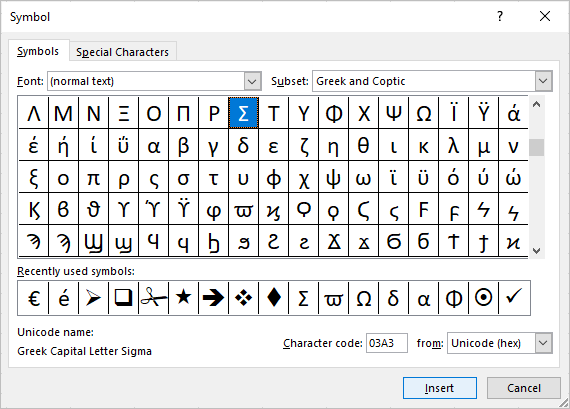 Insert symbol dialog box in Excel to insert Greek characters.