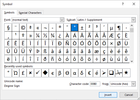 Insert symbol dialog box in Excel with degree symbol selected.