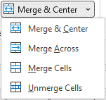 Merge cells drop-down menu in Excel with options to merge cells.