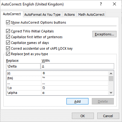 AutoCorrect dialog box in Excel with entry added for Delta symbol.