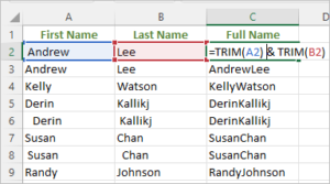 Helper column in Excel data set to combine cells and remove spaces (then can remove duplicates).