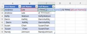Helper column in Excel table to combine cells and remove spaces so duplicates can be removed.