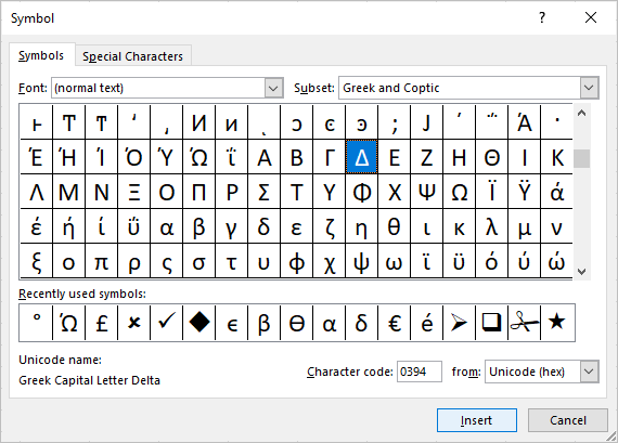 Insert symbol dialog box in Excel with Delta selected.