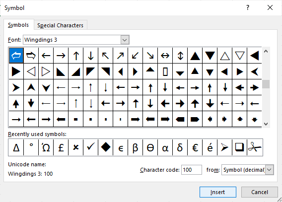Insert symbol dialog box with triangles displayed.