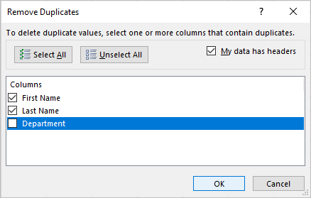 Remove duplicates dialog box in Excel.