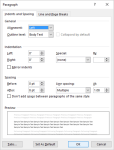 Paragraph dialog box in Word with commands to align or justify text.