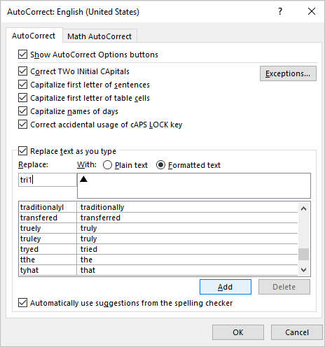 AutoCorrect dialog box in Word to create shortcut to insert a triangle symbol.