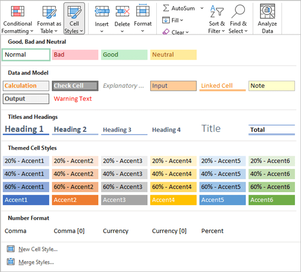 Cell styles gallery in Excel to apply cell styles to automate formatting.
