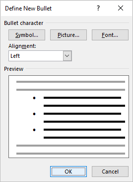 Define new bullet dialog box in word to insert a triangle symbol.