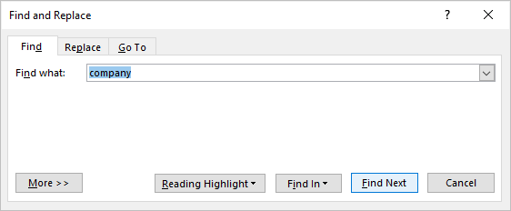 Find tab in the Find and Replace dialog box in Word.
