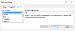 Go To tab in the Find and Replace dialog box in Word.