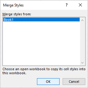 Merge styles dialog box in Excel to copy styles between workbooks.