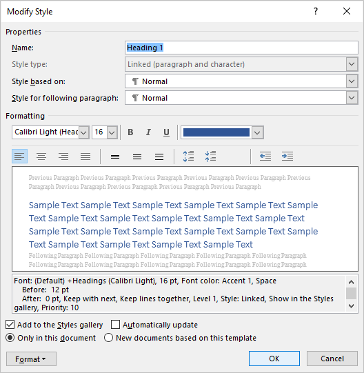 Modify style dialog box in Word with commands to align or justify text.