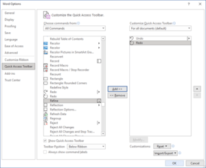 Options dialog box available in Word, Excel or PowerPoint to display Quick Access Toolbar.