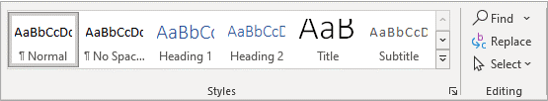 Styles Gallery in Home tab in Word Ribbon displaying some styles.