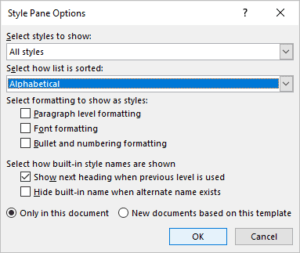 Styles pane options dialog box to display all styles in the current Word document.