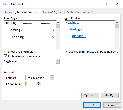 Custom table of contents dialog box in Word with multiple heading levels.
