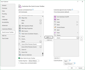 Options dialog box in Excel to customize the Quick Access Toolbar and add zoom commands.