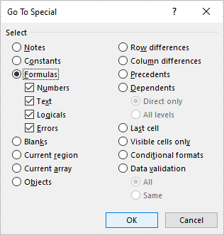 Go to Special dialog box in Excel with formulas selected.
