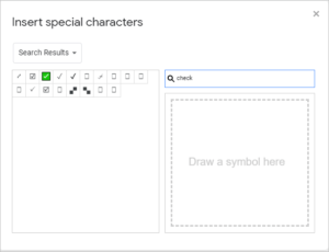 Special characters dialog box in Google Slides with check marks.