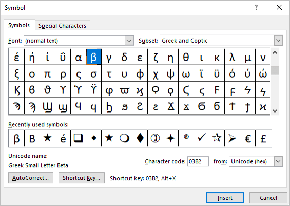Insert Symbol dialog box in Word with Beta symbol selected.