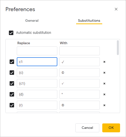 Preferences dialog box in Google Slides with a Substitutions entry for a check mark.