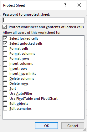 Protect sheet dialog box in Excel to lock cells.