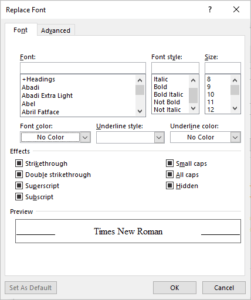 Replace Font dialog box in Word.