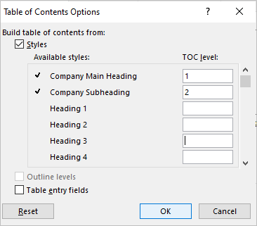 Table of contents options to add custom styles in a table of contents.