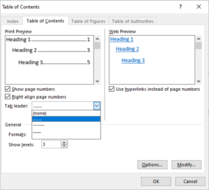 Tab leader options in the Table of Contents dialog box in Word.