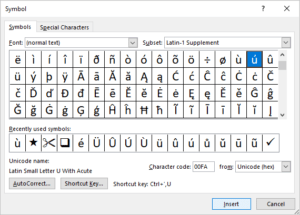 Insert Symbol dialog box in Word with shortcut to enter a u with an accent.