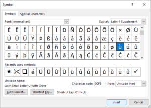 Insert Symbol dialog box in Word to insert u with an accent mark.