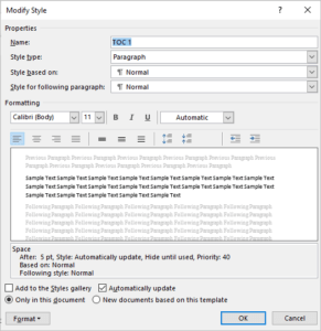 Modify style dialog box in Word to change formatting of a TOC style