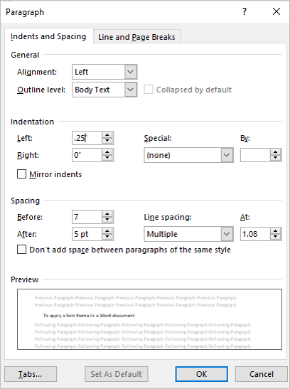 Paragraph dialog box in Word to edit formats in a TOC entry.