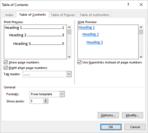 Table of contents dialog box in Word with From template selected.
