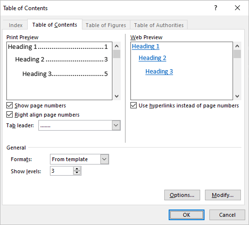 Table of contents dialog box in Word with From template selected.