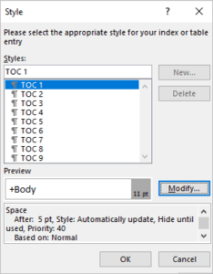 Styles dialog box in Word with TOC styles