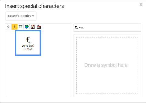 Insert Special Characters dialog box with Euro symbol in Google Docs.
