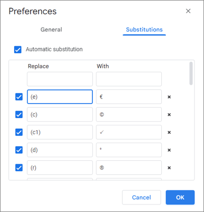 Euro symbol entry in the Substitutions dialog box in Google Docs.