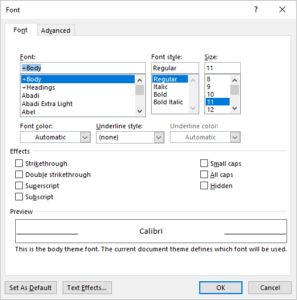 Font dialog box in Word with All Caps or Small Caps options.
