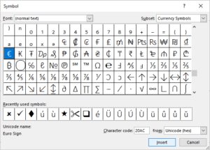 Insert Symbol dialog box in PowerPoint with euro sign selected.