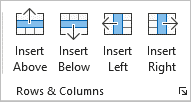 Insert rows or columns commands in Ribbon in Word.