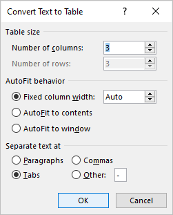 Create a table in Word by using Convert Text to Table dialog box.