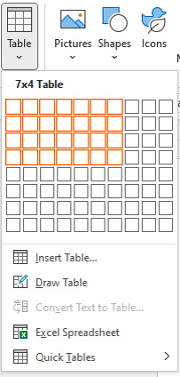 Create a table in Word using the table grid.
