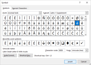 Insert Symbol dialog box in Word with e with acute accent selected.