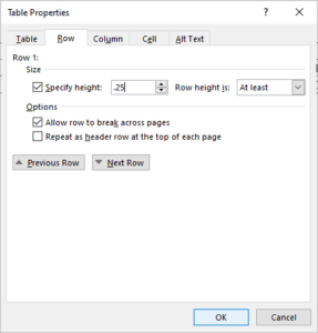 Table Properties dialog box in Word with Row tab selected.