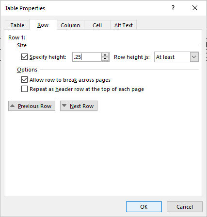 Table Properties dialog box in Word with Row tab selected to change row height.