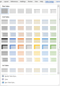 Table Styles gallery in Word document.