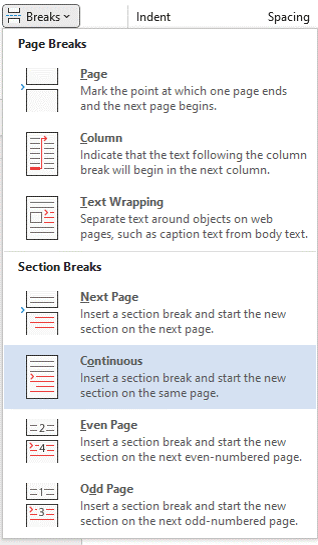 Breaks drop-down menu in Word to insert a section break for columns.